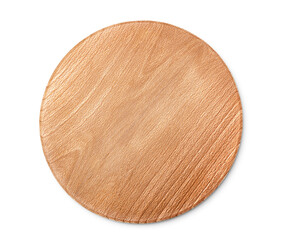 round wooden cutting board on white isolated background, top view