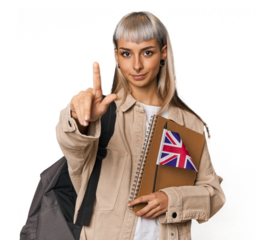 Young erasmus student with books showing number one with finger.