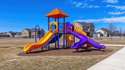 Fototapeta premium Colorful Playground with Slides and Climbing Structures Set Against a Suburban Backdrop Under Clear Sky