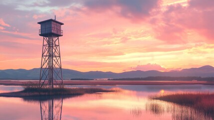 Elevated tower by a tranquil lake under pastel dawn skies, with reflections on the water and distant hills creating peaceful depth