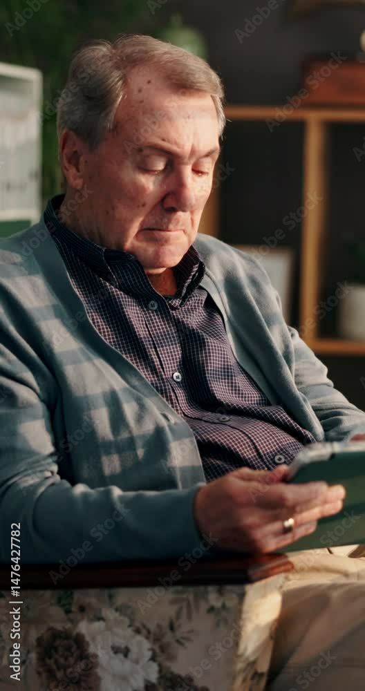 Aufkleber senior man, tablet and sad on sofa with memory, search and scroll in gallery, nostalgia and lonely i