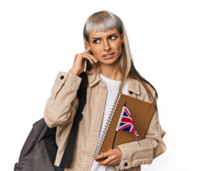 Young erasmus student with books covering ears with hands.