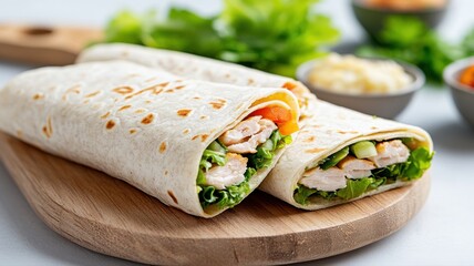Healthy Chicken Wraps with Fresh Vegetables on Wooden Board healthy chicken vegetables fresh wrap