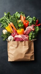 Grocery tote bag outline created with fresh meats and vegetables on dark stone background