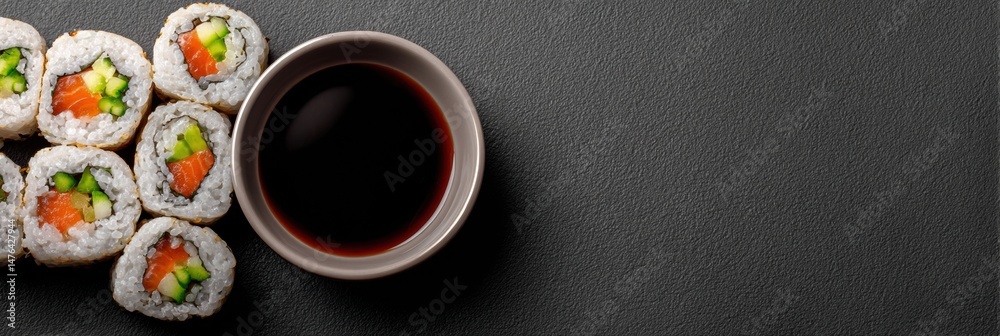 Poster Delicious Sushi Roll Close-Up With Soy Sauce on Textured Surface in a Gradient Setting