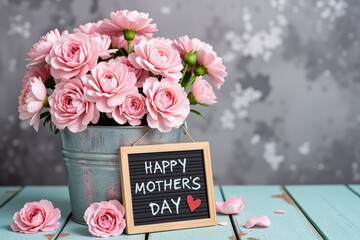 Happy Mother s Day Pink Ranunculus Flowers in Metal Bucket with Lettering Sign