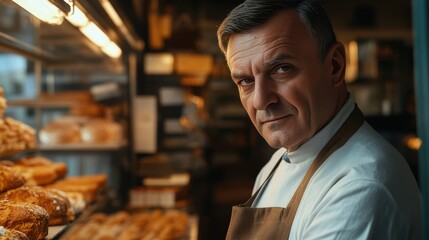 European Man business owner. Pastry Chef working in Bakery Shop Baked, looking at camera. Startup successful small business owner. Small and Medium Enterprises concept. 