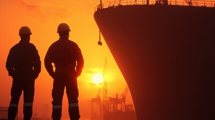 Fototapeta premium Silhouetted Workers Overlooking Sunset at Shipyard with Construction Cranes and Industrial Equipment