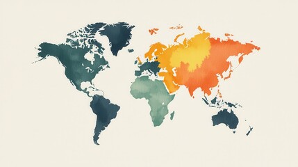 Colorful World Map with Artistic Watercolor Effect Illustrating Continents and Oceans for Creative Use