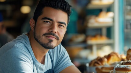 Fototapeta premium Hispanic Man business owner. Pastry Chef working in Bakery Shop Baked, looking at camera. Startup successful small business owner. Small and Medium Enterprises concept. 