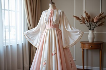 Elegant Pastel Pink and White Embroidered Long Sleeve Gown on Mannequin