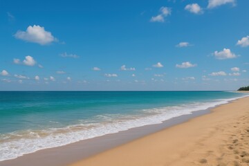 Serene Tropical Beach Scene Azure Ocean Waves Gently Rolling onto a Golden Sandy Shore under a Sunny Sky