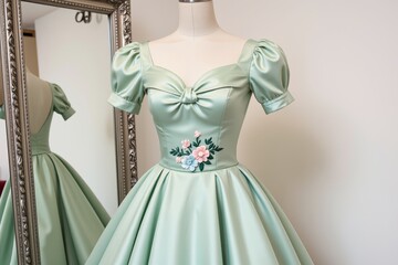 Elegant Sage Green Satin Dress with Puff Sleeves Floral Embroidery Vintage Style Gown