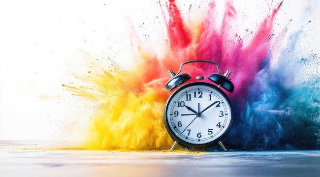 Colorful explosion surrounds a classic alarm clock