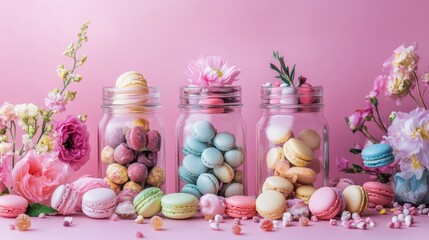 Three glass jars filled with candies, surrounded by macarons and cookies, with fresh florals