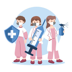 Vector illustration of masked characters holding shield, syringe, and sanitizer. Covid-19 vaccine protection concept.