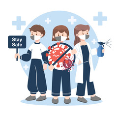 Cartoon characters with covid protection items including mask, spray and sign. Flat vector illustration.