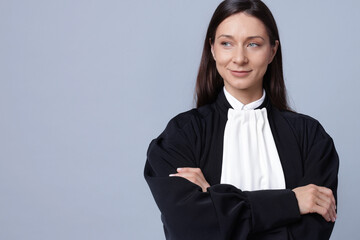 Judge on gray background, space for text