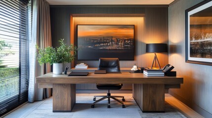 Wooden desk, layered artwork, and warm lighting create a functional and creative home office space