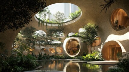 Fototapeta premium Lush, biophilic interior courtyard with a serene pool and abundant greenery