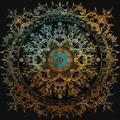 Fototapeta premium Intricate Thai Mandala with Gold and Teal Accents on Black Background Featuring Traditional Ornamental Detailing 
