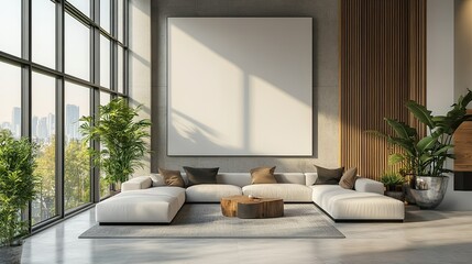 Bright living room with large windows, a white sectional sofa, and indoor plants in a modern home