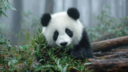 Fototapeta premium Adorable panda cub resting among bamboo stems in misty forest