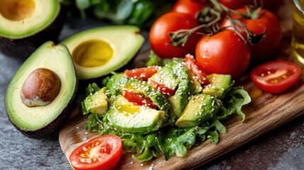 Fresh avocado and tomato salad with lettuce and sesame seeds on wooden platter