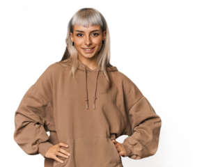 Young caucasian young woman in studio confident keeping hands on hips.