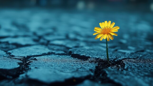 Single yellow flower growing through cracked pavement.