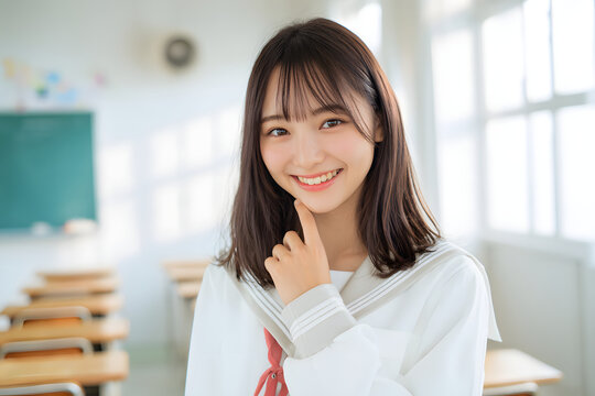 教室で微笑む日本人女子高校生のアップポートレート