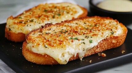 Golden crispy cheesy garlic bread with herbs on black slate plate