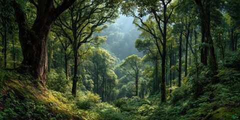 Fototapeta premium Lush tropical forest with sunlight filtering through dense green foliage