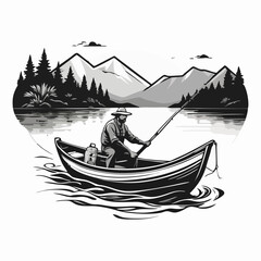 Leisure Fishing Vector Scene Depicting Mountain Landscape Forest Trees Calm Water and Wooden Boat in Bold Black and White Style for Outdoor Themes