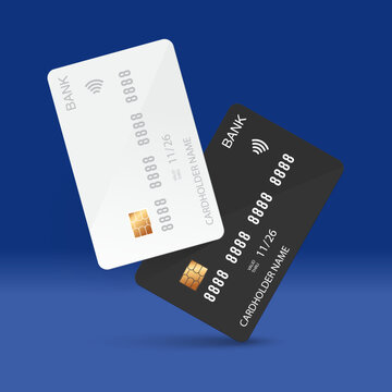 Realistic Credit and Debit Card Mockup Set with EMV Chip and Contactless Icon &ndash; Vector Design on Blue Background