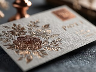 A luxurious rose gold embossed floral business card rests elegantly on a dark gray textured surface showcasing exquisite detail and craftsmanship.