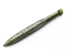 Ancient spearhead,  a pointed,  long,  metal weapon.  Ornate handle,  green-tinted.  Traces of wear and age