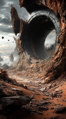 Dramatic view of a colossal circular structure emerging from a rugged canyon landscape
