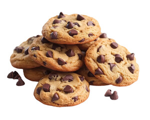chocolate chip cookies stacked on white background.
