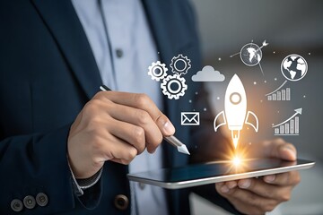 Startup business trend growth concept, improve development chart of company. Graph upward arrow grow up. Plan best sale performance return on investment stock, opportunity success challenge strategy