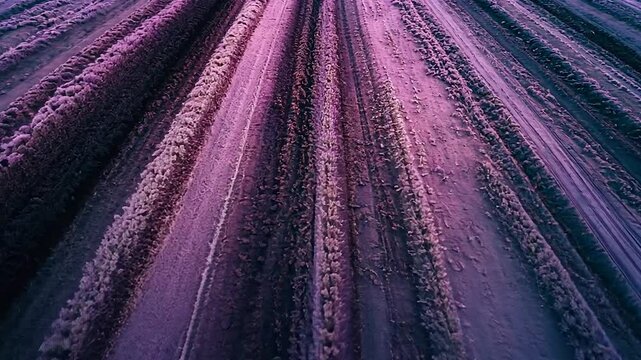 Purple-toned, parallel tracks on a field.