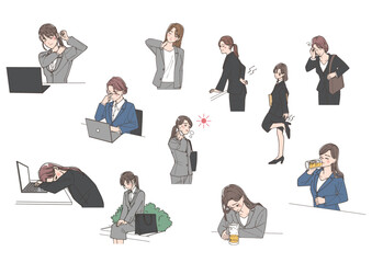 体の不調を感じながらも働く若い女性のビジネスマンたちのイラストセット