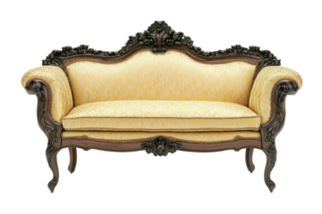 Ornate, antique style sofa with carved wooden frame and yellow fabric upholstery