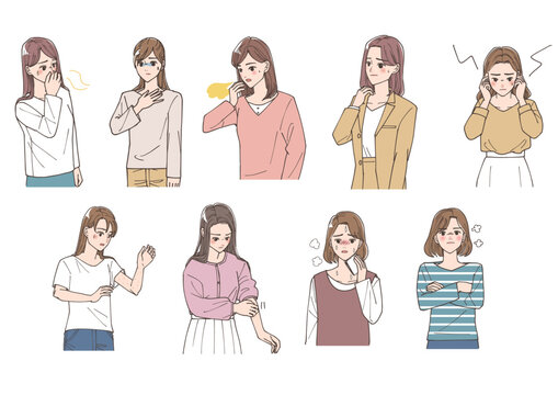 体の不調や不安を持っている女性たちのイラストセット