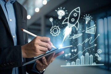 Startup business trend growth concept, improve development chart of company. Graph upward arrow grow up. Plan best sale performance return on investment stock, opportunity success challenge strategy