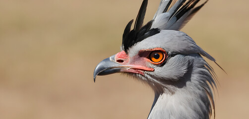 Fototapeta premium A fierce close-up of a secretary bird’s intense orange eye, raised crown feathers, and sharp beak, with African plains softly blurred in the background.