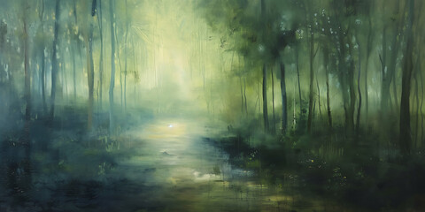 Fototapeta premium Serene Misty Forest Landscape with Gentle Stream Reflecting Soft Light