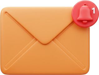 3D Render of an Orange Envelope with Red Notification Bell and Number One