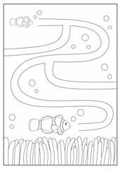 Help the fish to find its way through the path, Maze worksheet animals, fish labyrinth activity for kids, balck and white maze printable for kindergarten, maze coloring page