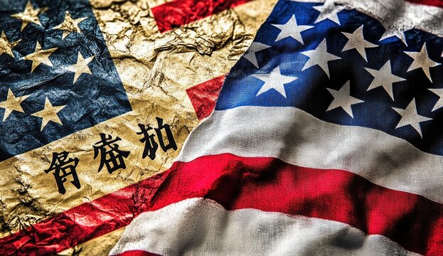 Two flags, one aged, one modern, overlap. The aged flag has Asian text - Powered by Adobe